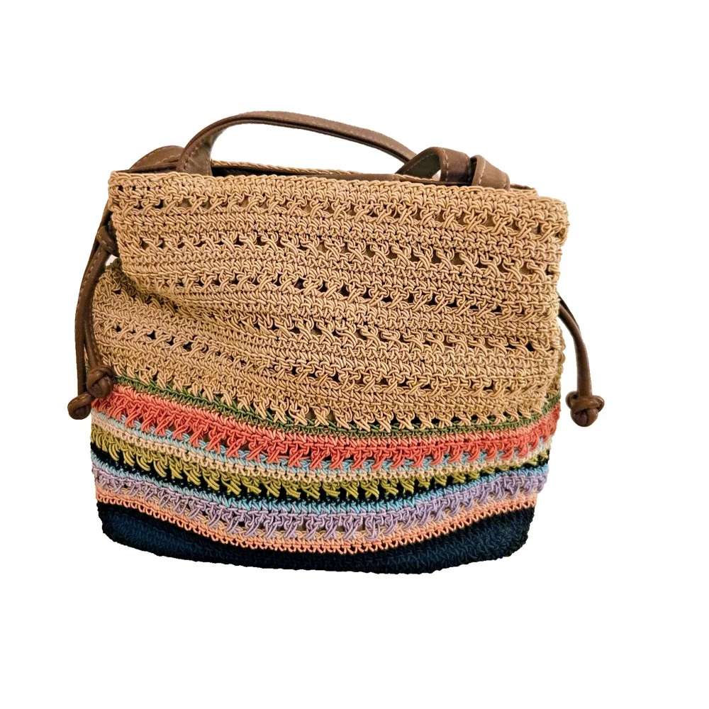 Rosetti Summer Boho Hippie Multicolor Stripes and Tan Raffia Look Handbag Purse